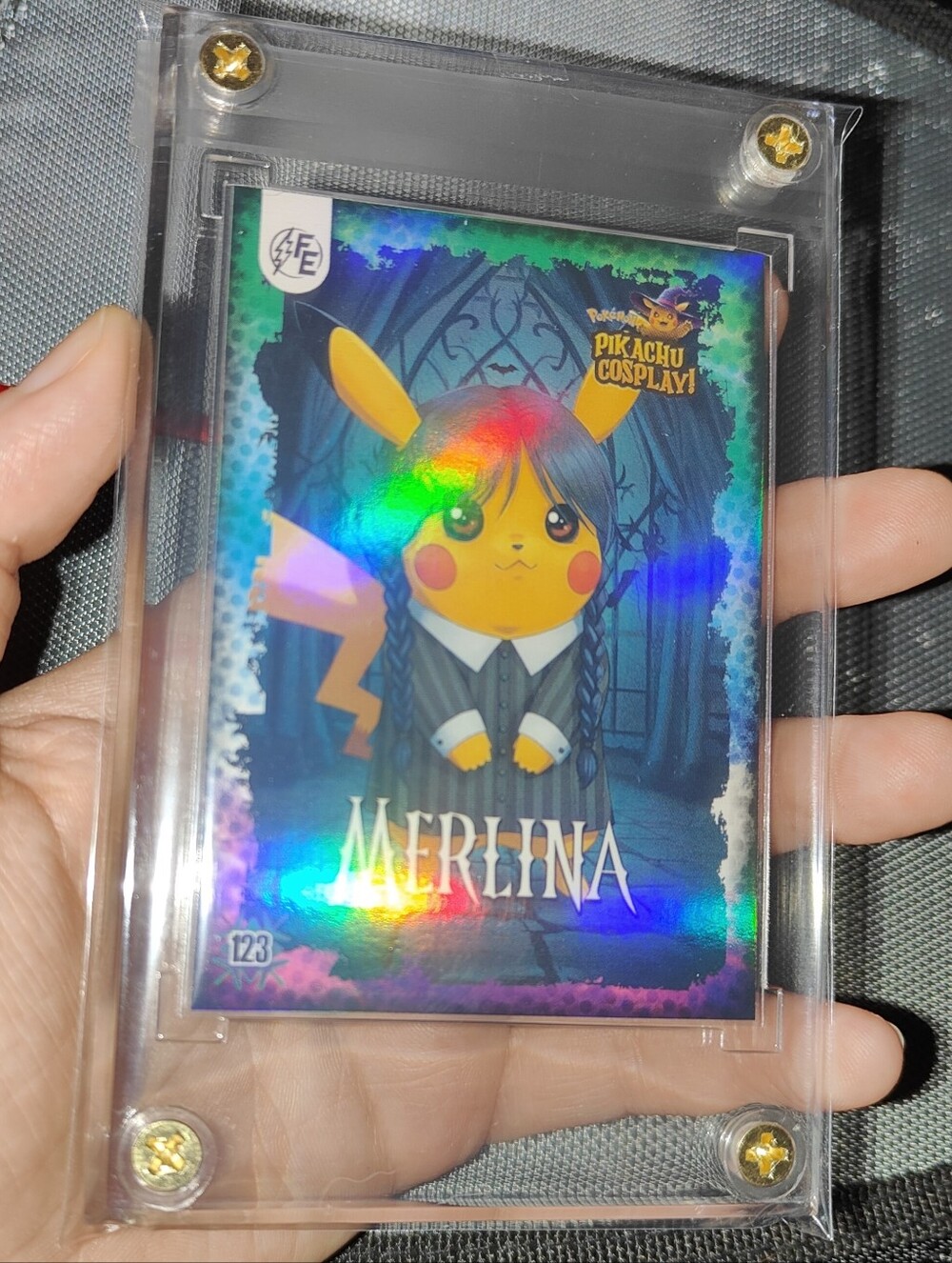 Wednesday Addams Merlina holo encased Pikachu Cosplay Horror card Doujin Pokemon